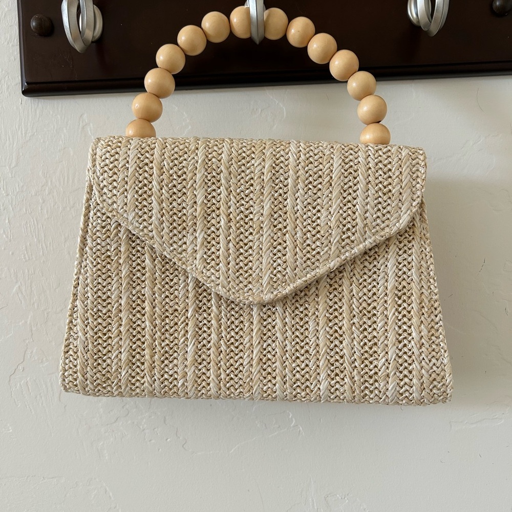 Beige Woven Handbag with Wooden Handle